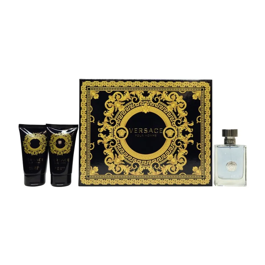VERSACE Pour Homme Eau de Toilette Spray – 50ml + Hair and Body Wash – 50ml + Aftershave Balm 50ml